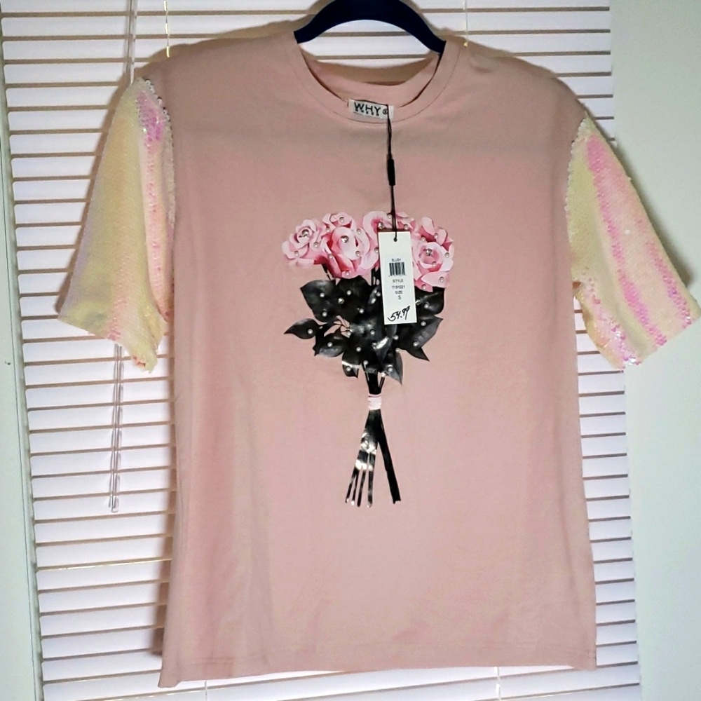Why Dress Sequin Sleeve Screen Printed T-Shirt Pink- Small - Picture 4 of 15